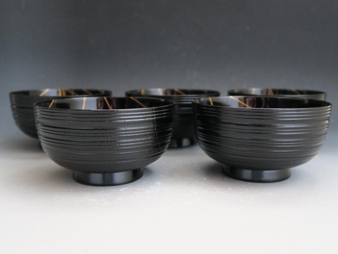 【輪島塗】輪州造 日之出蕨波（わらびなみ）蒔絵 椀 五客揃 天然木 共箱