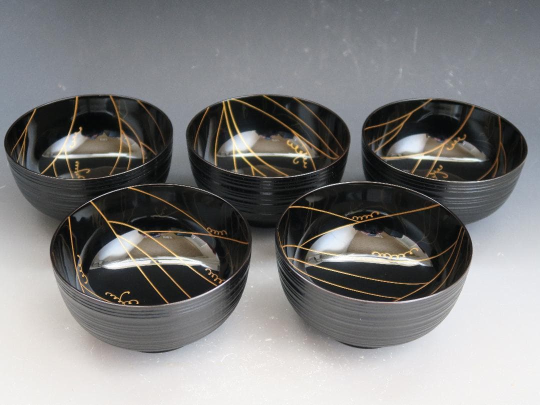 【輪島塗】輪州造 日之出蕨波（わらびなみ）蒔絵 椀 五客揃 天然木 共箱