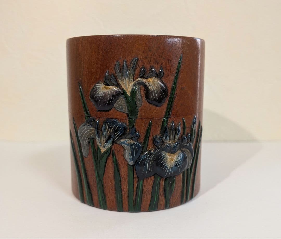 『茂利漆』茶器　光宣作　棗　菖蒲　茶道具　茶入　中次　木彫　あやめ　吹雪