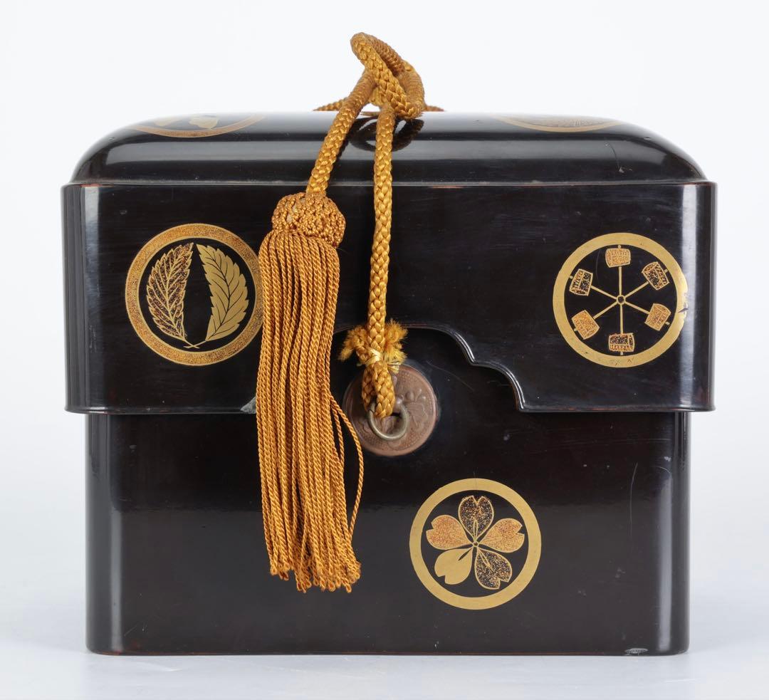 時代物 漆塗 黒漆 家紋尽 蒔絵 手箱 玉手箱 硯箱 共箱付 古美術品 骨董品