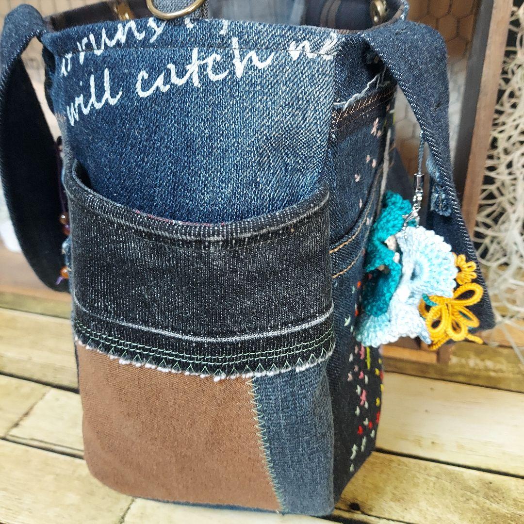 刺繍デニムバック　No.670　デニムリメイクチューリップバック　刺繍バック