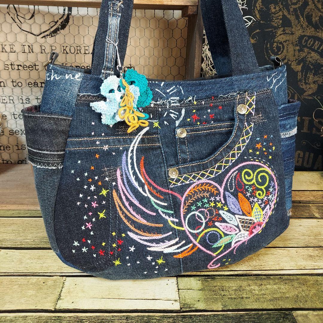 刺繍デニムバック　No.670　デニムリメイクチューリップバック　刺繍バック