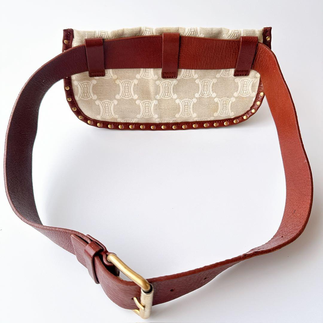 希少 セリーヌ マカダム ウエストバッグ ベージュ×ブラウン レザー×キャンバス