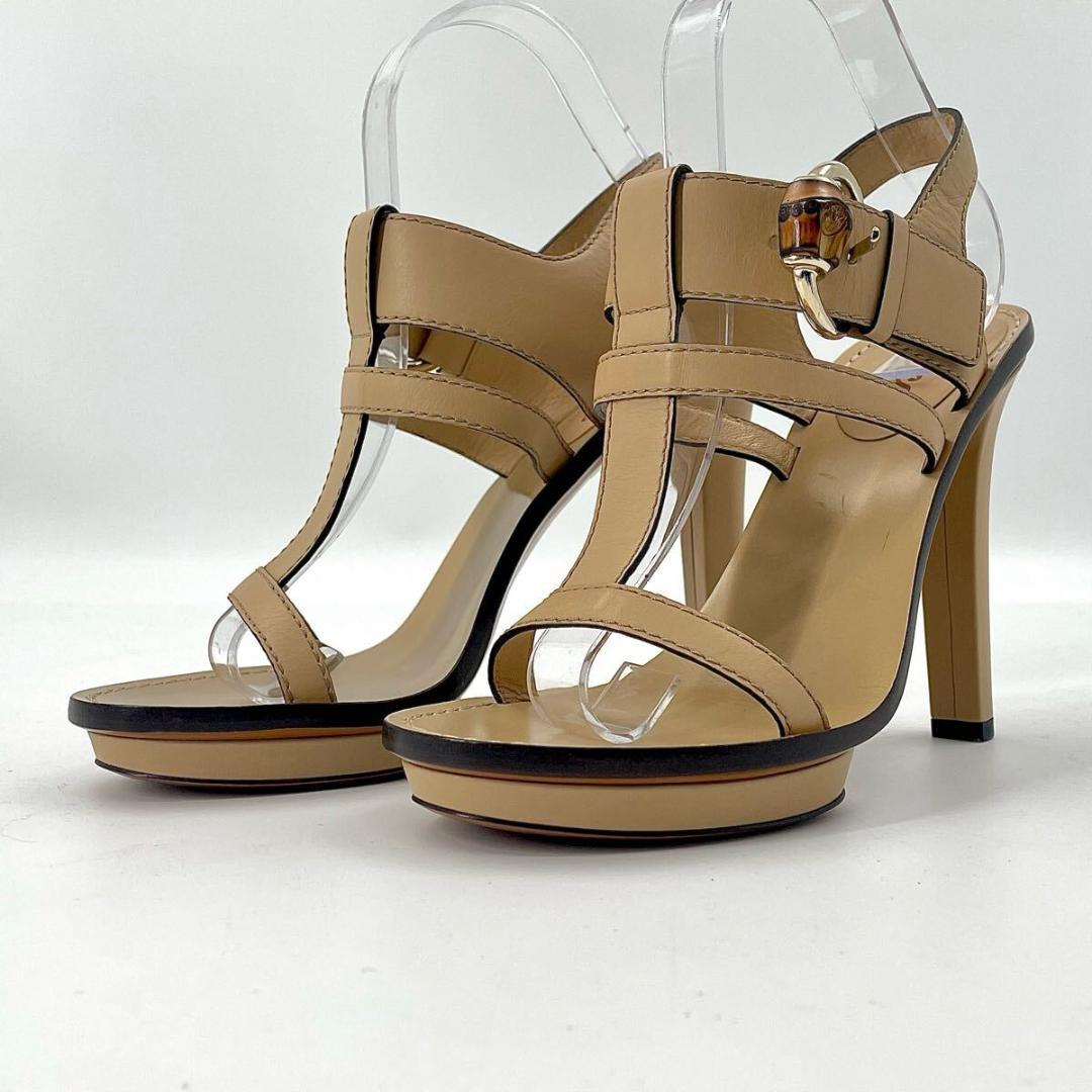 【未使用級】グッチ バンブー ストラップ ベルト サンダル ヒール レザー 本革