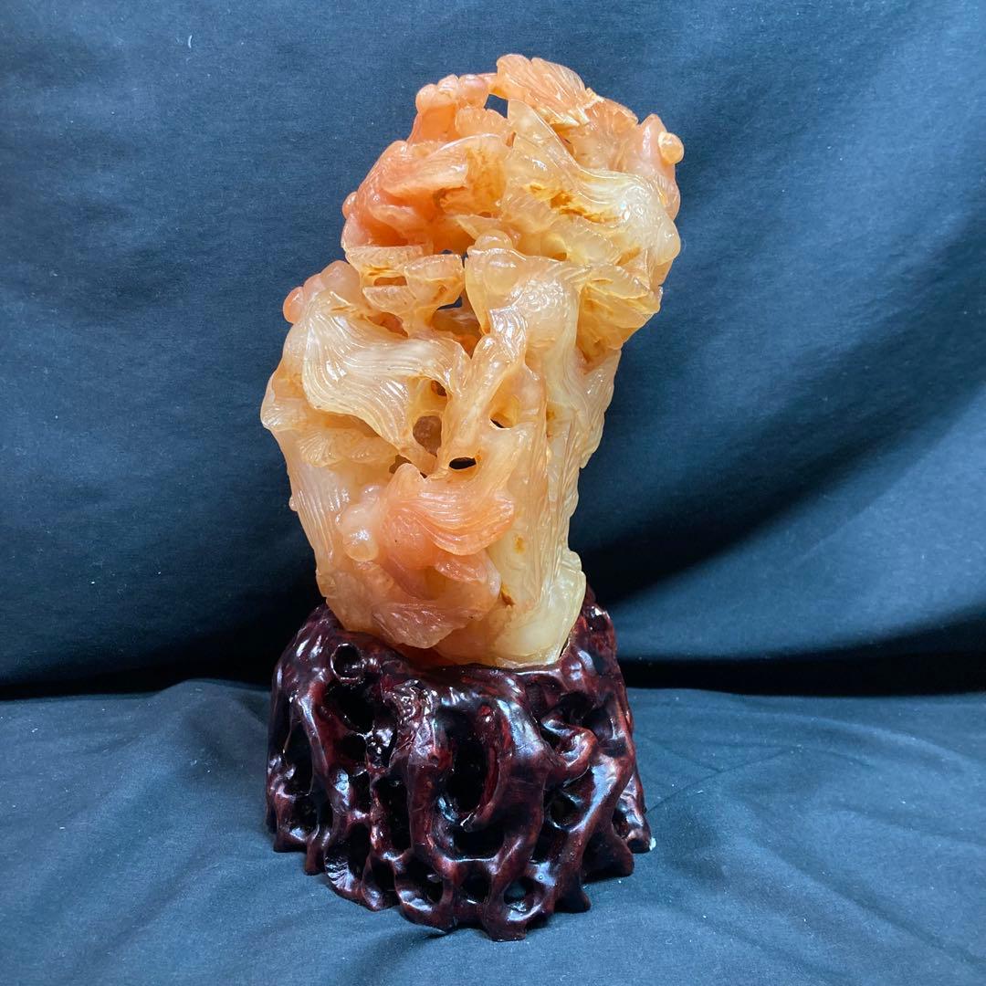 《中国美術》天然石 彫刻 金魚 水草 置物