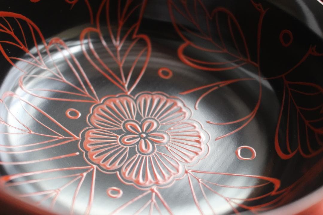 時代逸品！端正な爪朱黒漆に風情ある木芙蓉文の美しい吉野塗の四つ椀（検懐石道具京塗