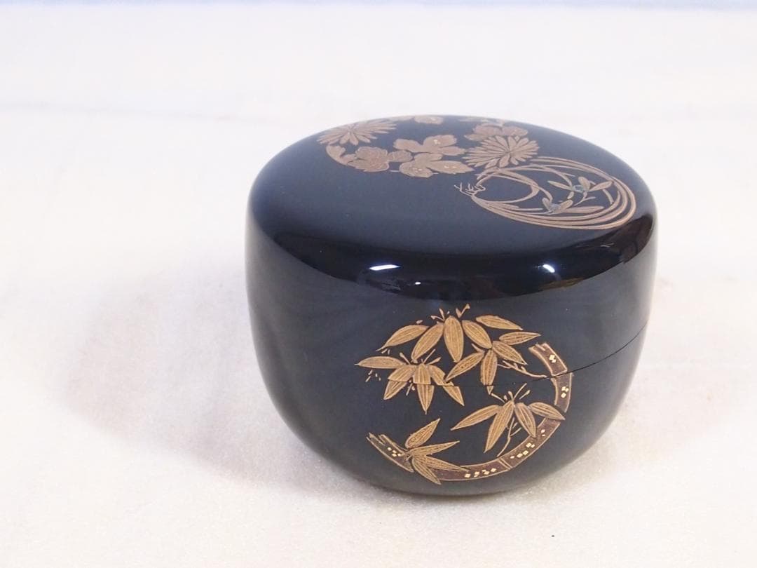 【美品】輪島塗 喜三誠志 四君子 花の丸蒔絵 平棗 薄茶器/茶入/なつめ 茶道具