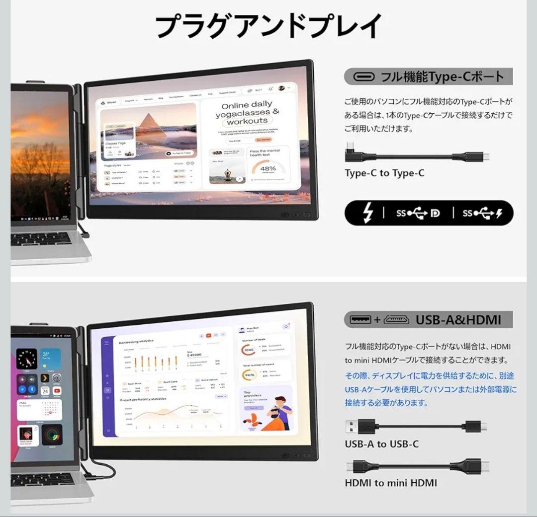 14インチ ノートパソコンモニター デュアルディスプレイ 2画面 180°回転