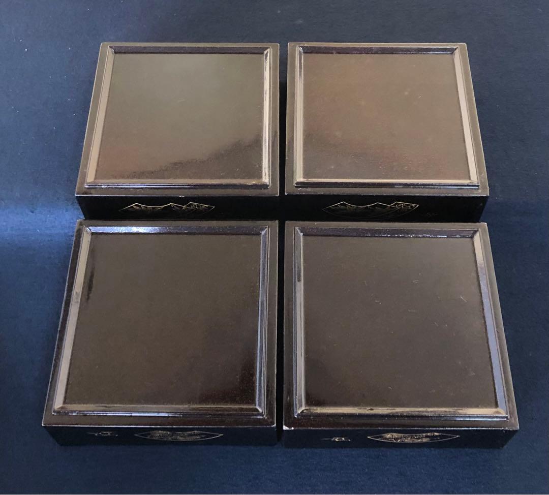 《R》黒内梨地 沈金扇松竹梅図 四段重 替蓋 木製漆器 木箱　260128く2