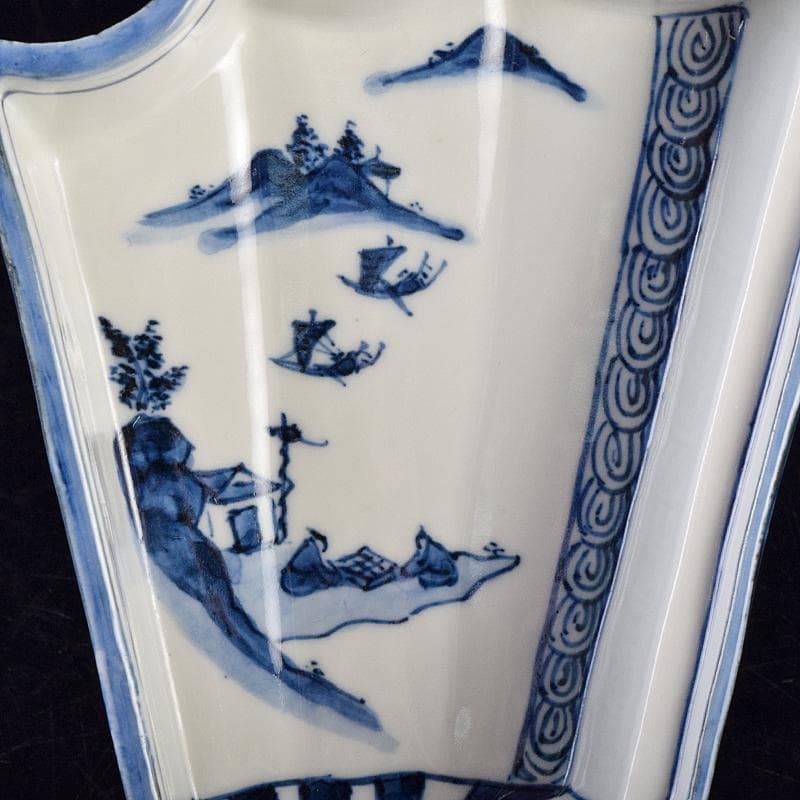 京焼　平安昭阿弥造　染付　山水文　扇面型　向付　五客　共箱　V　R9496B