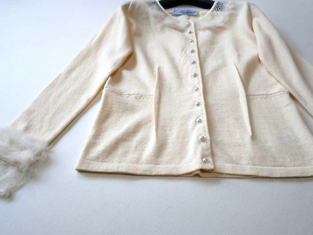 Blumarine レース×ファー パールボタン カーディガン ホワイト