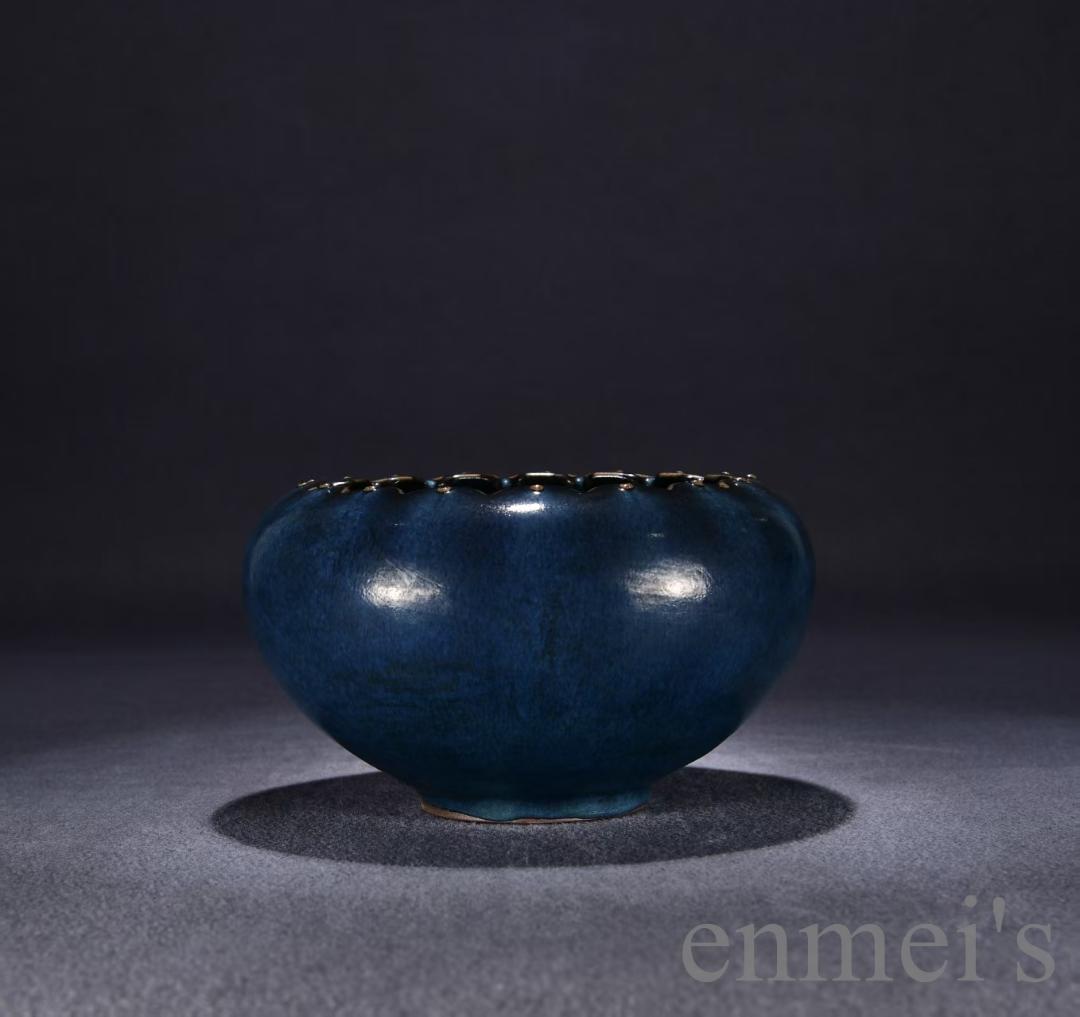 中国古美術・珍品・元代青釉紅斑花口鉢・水指・古陶磁器・藍釉・鑑賞・案頭・文房置物