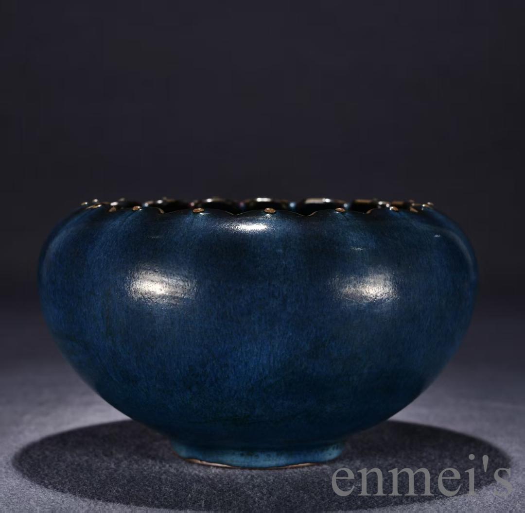 中国古美術・珍品・元代青釉紅斑花口鉢・水指・古陶磁器・藍釉・鑑賞・案頭・文房置物