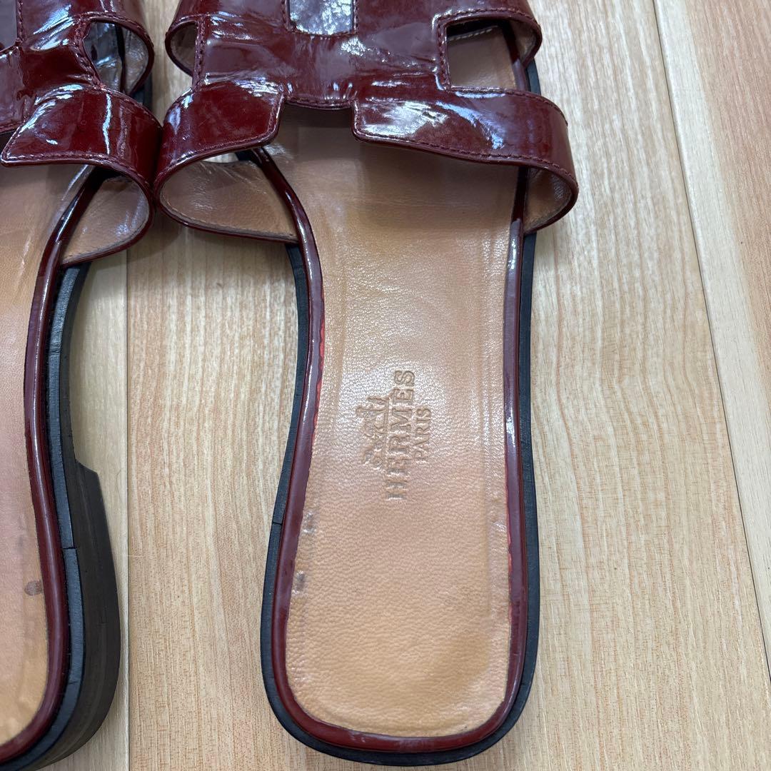 エルメス　パテントレザー　革オラン　サンダル　37 ルージュアッシュ　エンジ