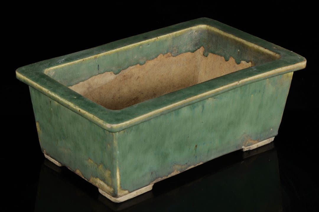 中国古盆器 緑釉外縁長方鉢 盆栽鉢 重厚時代鉢 中国古美術 古陶磁 骨董 古美術