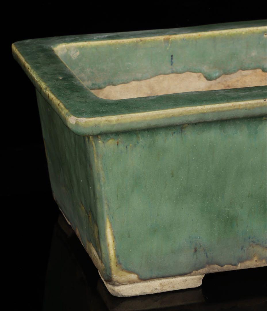 中国古盆器 緑釉外縁長方鉢 盆栽鉢 重厚時代鉢 中国古美術 古陶磁 骨董 古美術