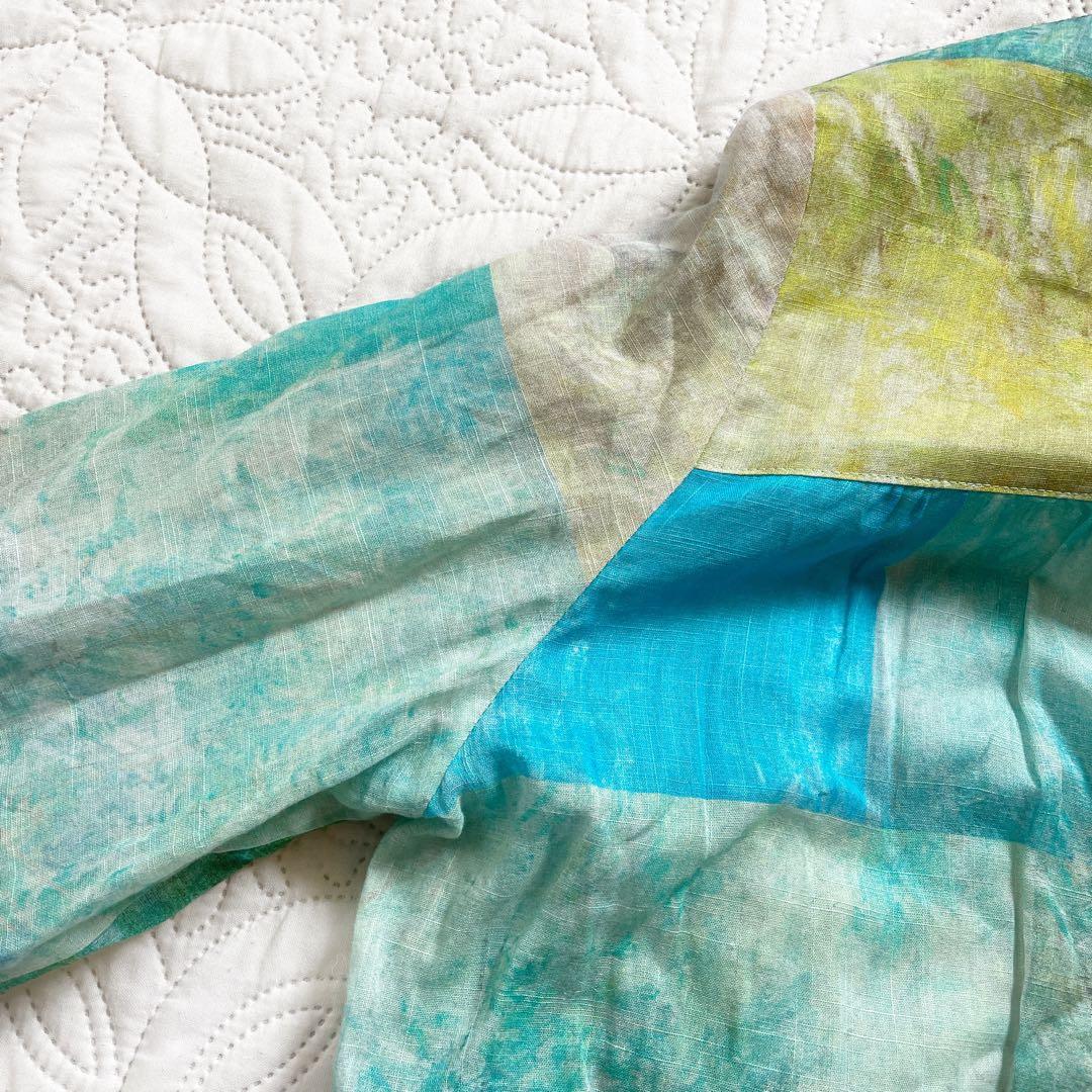 現行　レリアン　ブラウス　11号　シアー素材　バンドカラー　パッチワーク風　綿麻