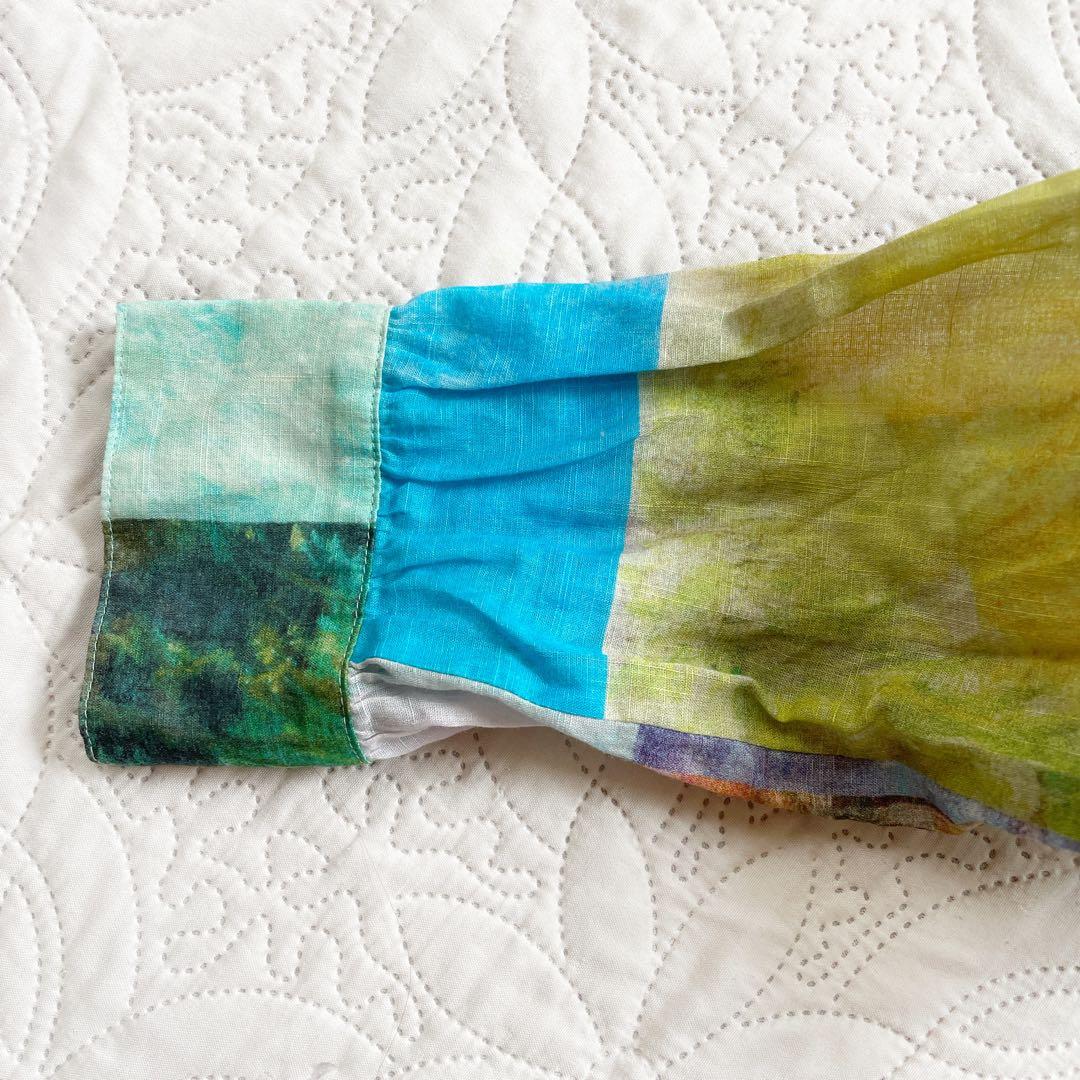 現行　レリアン　ブラウス　11号　シアー素材　バンドカラー　パッチワーク風　綿麻