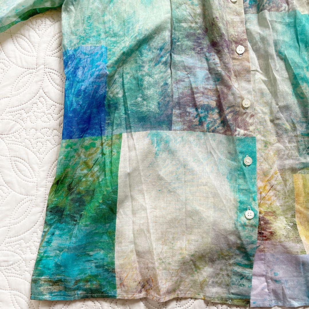 現行　レリアン　ブラウス　11号　シアー素材　バンドカラー　パッチワーク風　綿麻