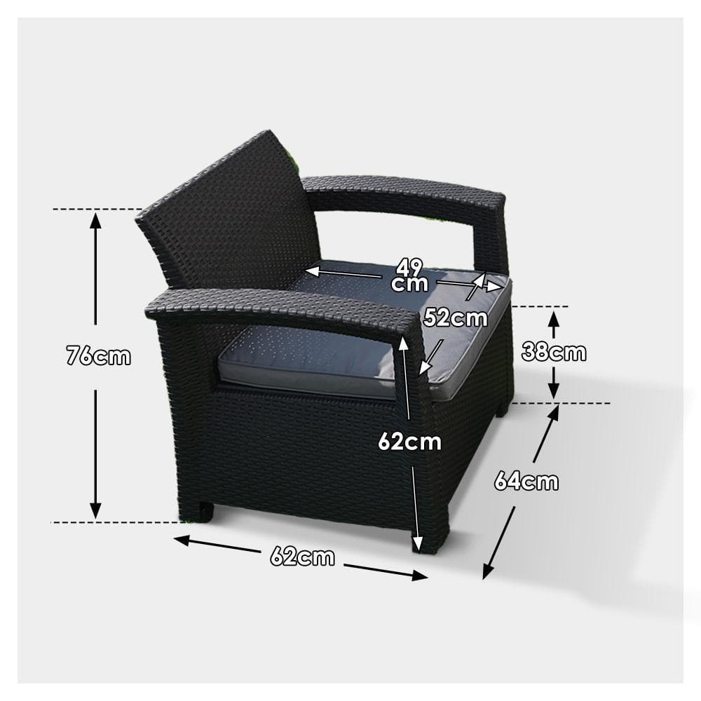 ラタン調ガーデンファニチャーセット 【本体ブラック×クッショングレー】