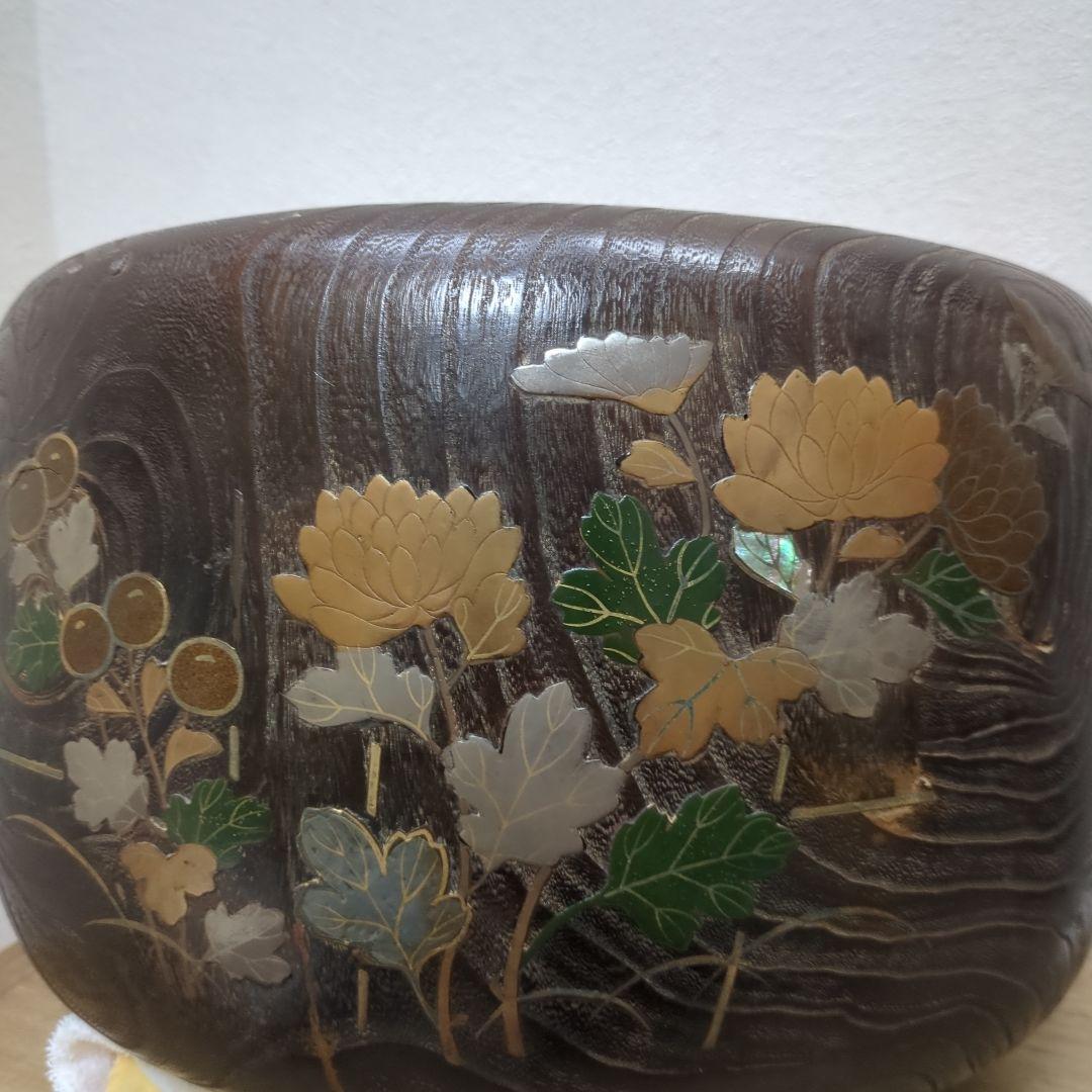 骨董　蒔絵　螺鈿　火鉢　桐　内側銅器　大型　花入　鉢カバー