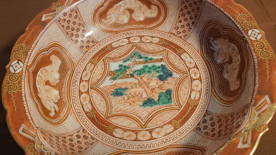 九谷焼　赤絵　宮本屋窯　飯田屋　金彩　龍紋　小紋　　角福　江戸期　蔵出し　１客