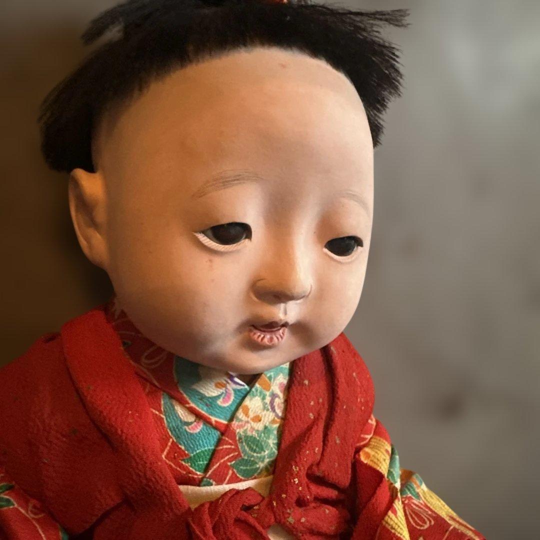 最終お値下げ‼️ヴィンテージ　市松人形 赤と緑の花柄着物　幼子　かわいいあんよ