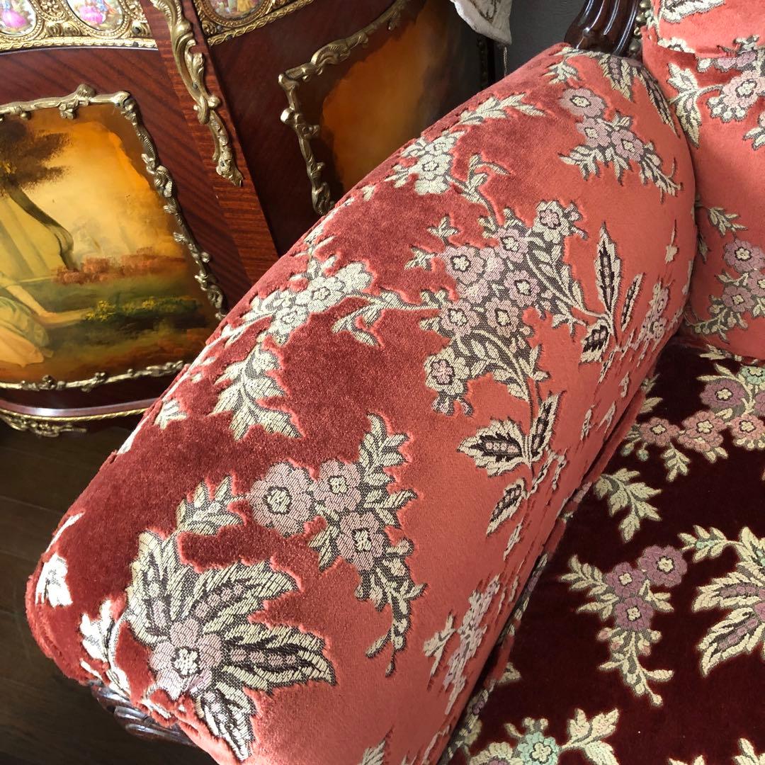 金華山 イタリア　ビクトリアンスタイル 3人掛けソファ 赤色 花柄