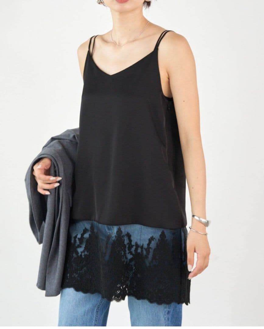 新品 IENASatinレース キャミソールワンピース ブラック