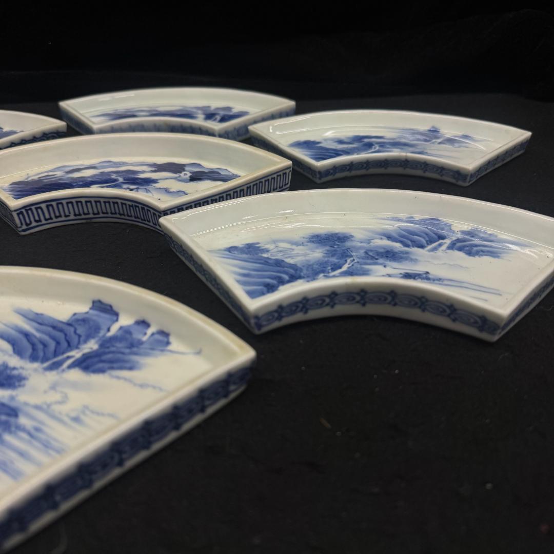 江戸時代 　古平戸 染付山水文扇形 皿 7枚