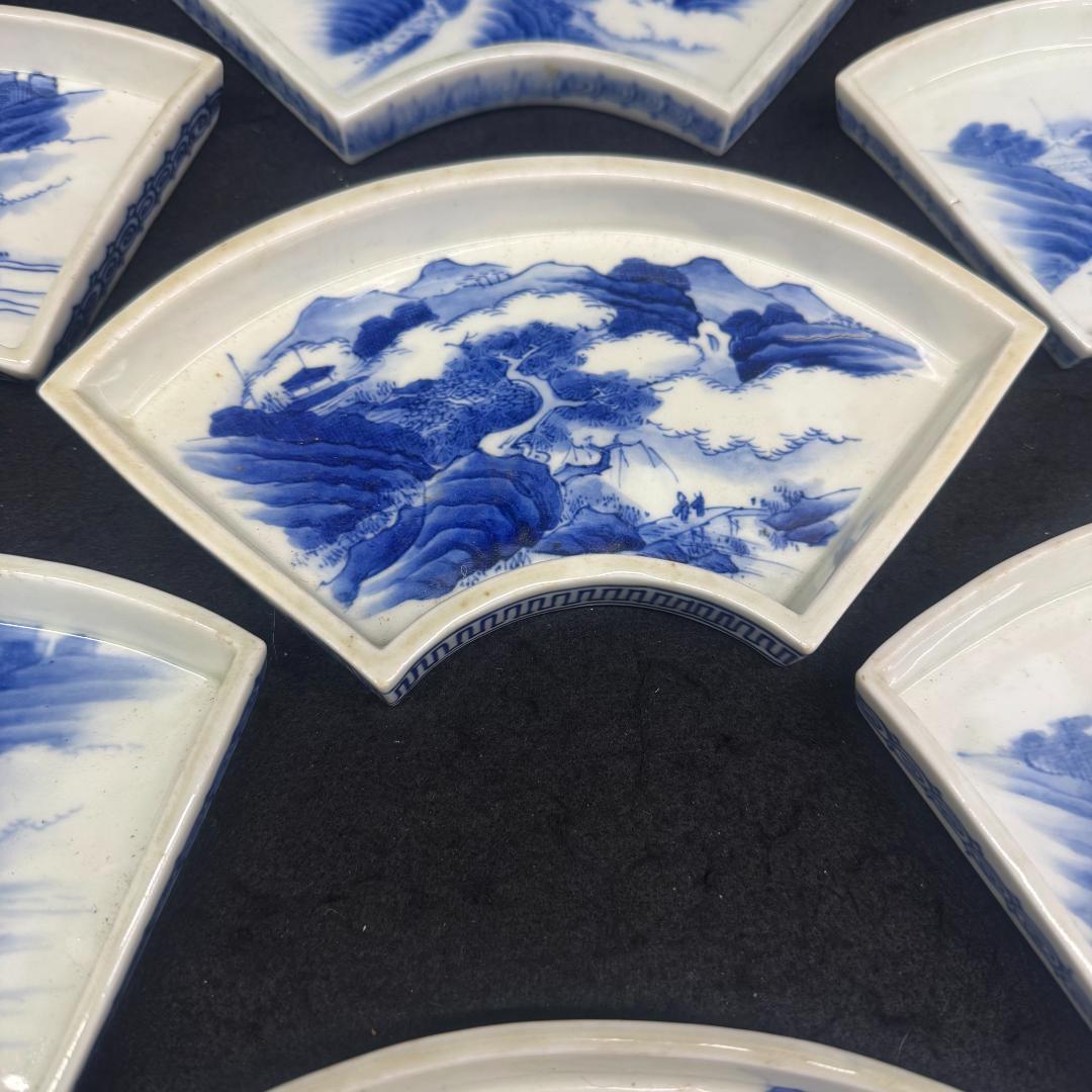 江戸時代 　古平戸 染付山水文扇形 皿 7枚