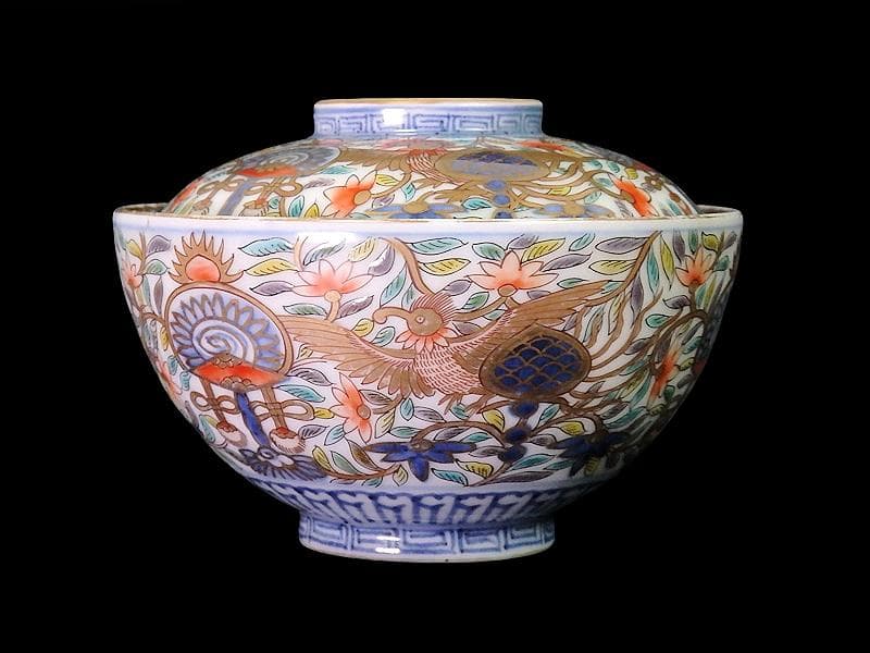 古伊万里　金襴手　鳳凰に宝珠　花唐草の図　蓋茶碗　E878AS-DCo