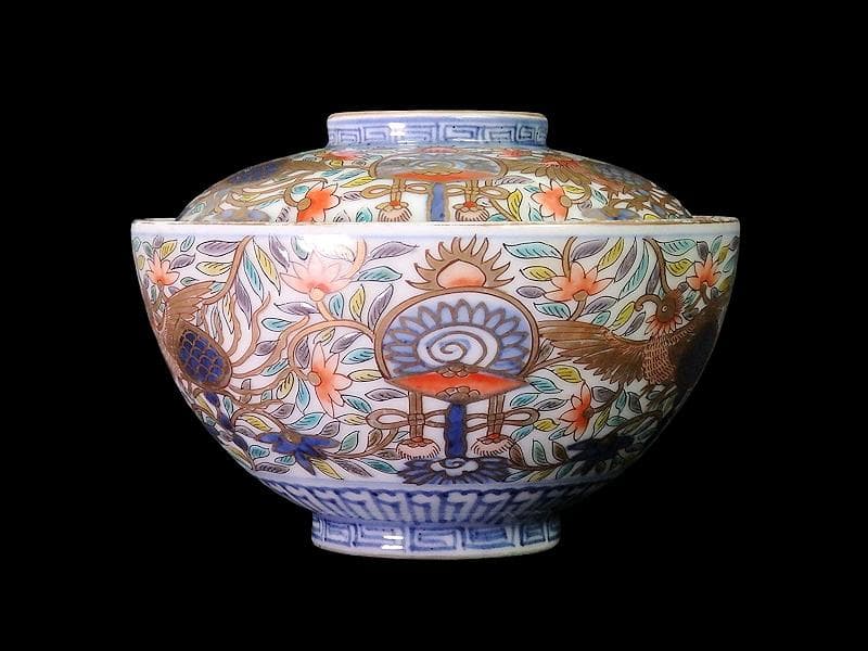 古伊万里　金襴手　鳳凰に宝珠　花唐草の図　蓋茶碗　E878AS-DCo