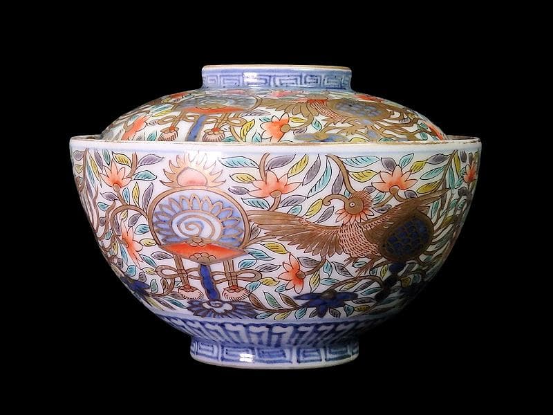 古伊万里　金襴手　鳳凰に宝珠　花唐草の図　蓋茶碗　E878AS-DCo