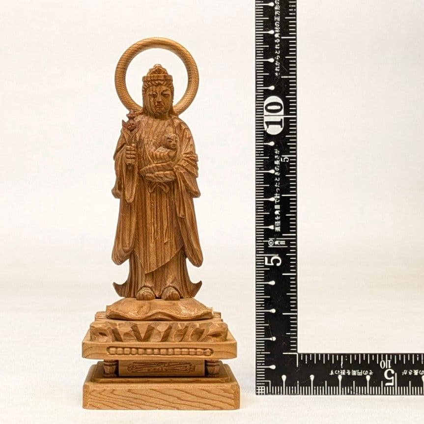 【ゲリラセール・新品】 子安鬼子母神　木地彫り　下台付　高さ約13cm　鬼子母神