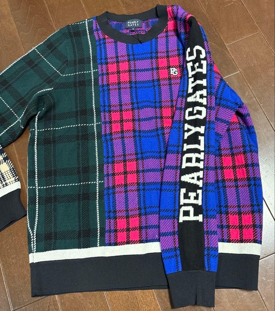 パーリーゲイツ　モノトーン　マルチチェック柄 セーターサイズ5