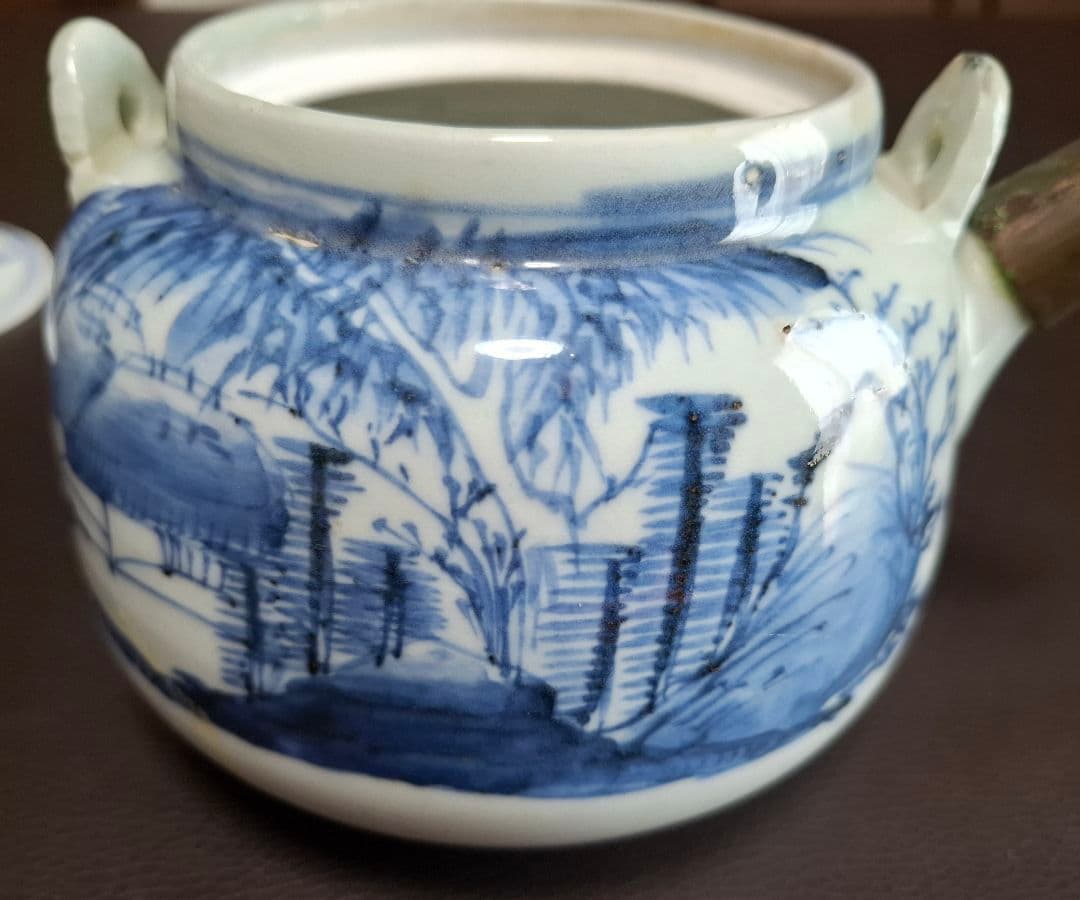 幕末　切込焼　染付山水文急須