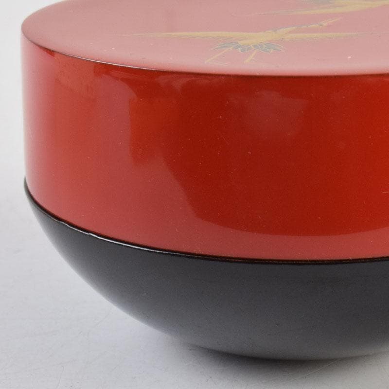 茶道具　中村湖彩作　鶴蒔絵　黒赤茶器　共箱　V　8582