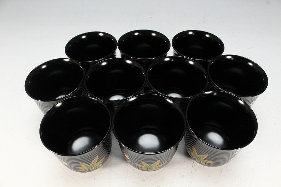 塗師 表次造 色絵雲錦 黒小吸物椀 十客 共箱 美品(K-XA874)