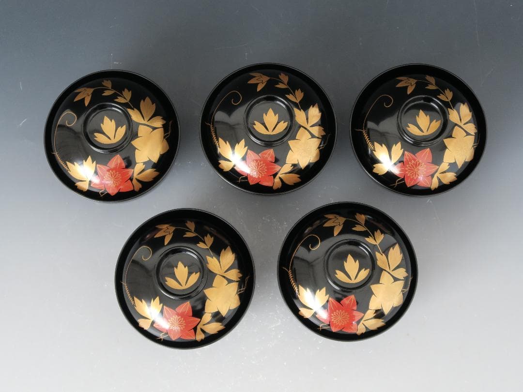 【輪島塗】鉄仙蒔絵 吸物椀 黒塗 見返し蒔絵 五客揃 天然木 共箱