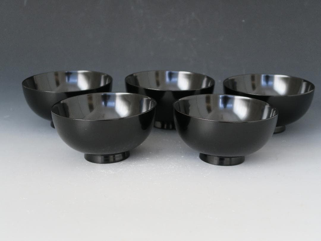 【輪島塗】鉄仙蒔絵 吸物椀 黒塗 見返し蒔絵 五客揃 天然木 共箱