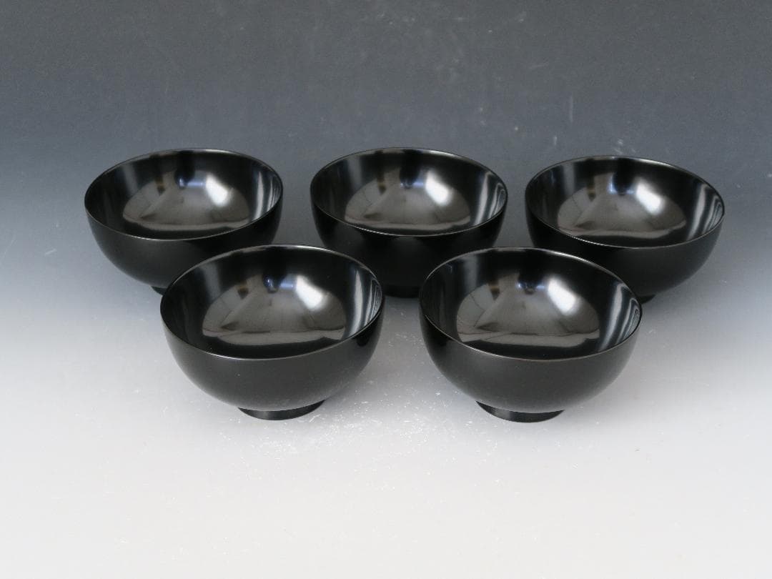 【輪島塗】鉄仙蒔絵 吸物椀 黒塗 見返し蒔絵 五客揃 天然木 共箱