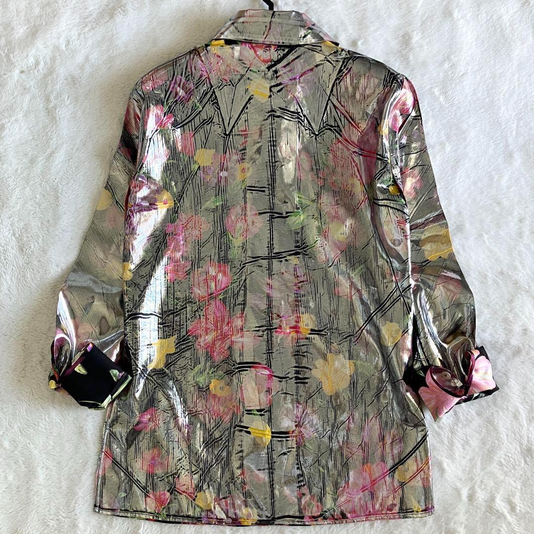 新品 グッチ 18SS シルク総花柄 ラミネート加工 長袖シャツ 38 シルバー