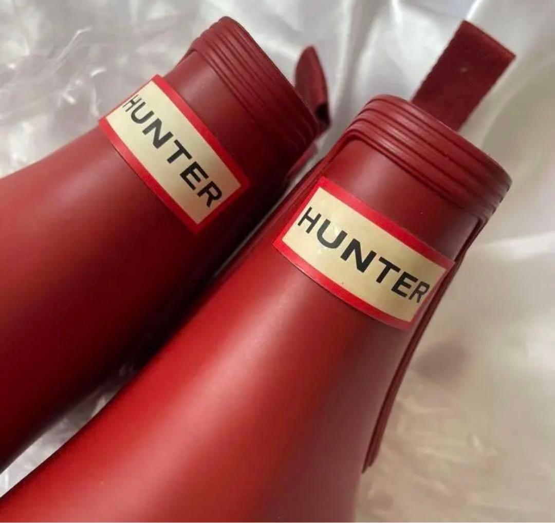 美品HUNTER　長靴　レインブーツ　チェルシーサイドゴアショートブーツ　レッド