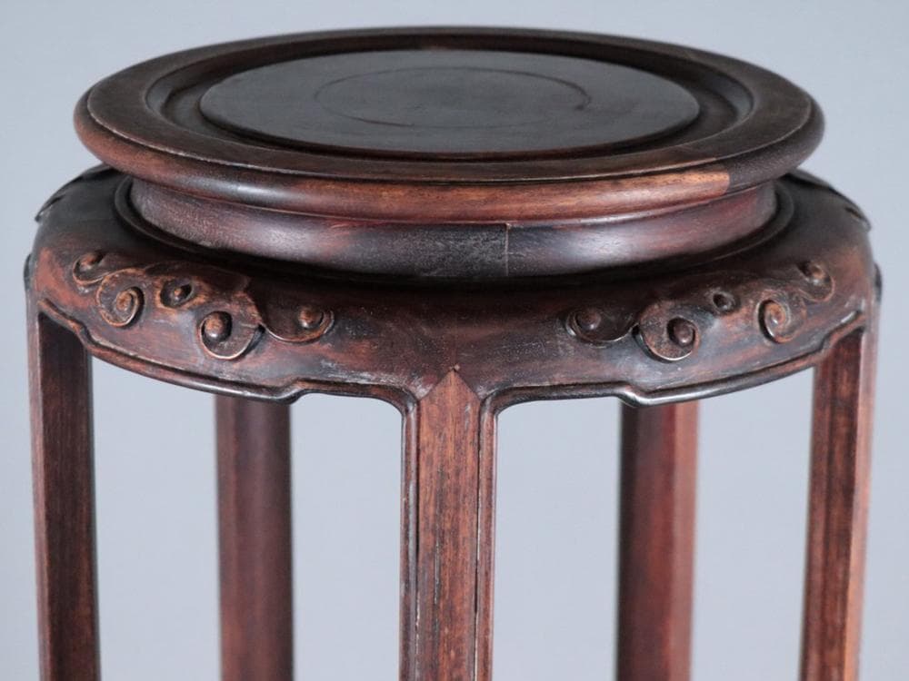 【木】　★ 家具 黄花梨減地彫如意雲圓幾 ★　清朝期　天然木 彫刻文様　明清家具