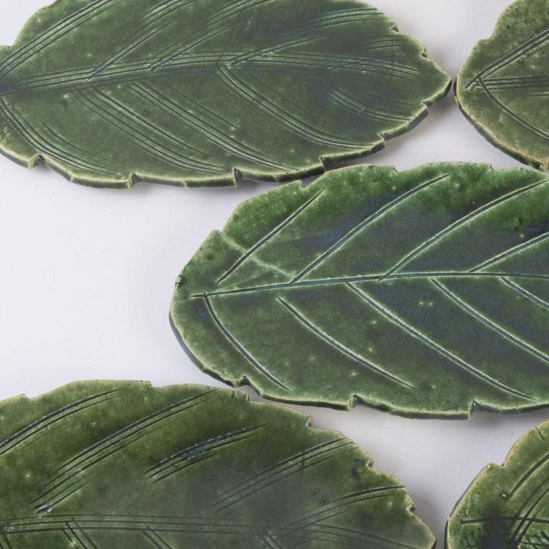 和食器　北大路魯山人作　織部焼　木の葉形　皿　五客　共箱　V　9871