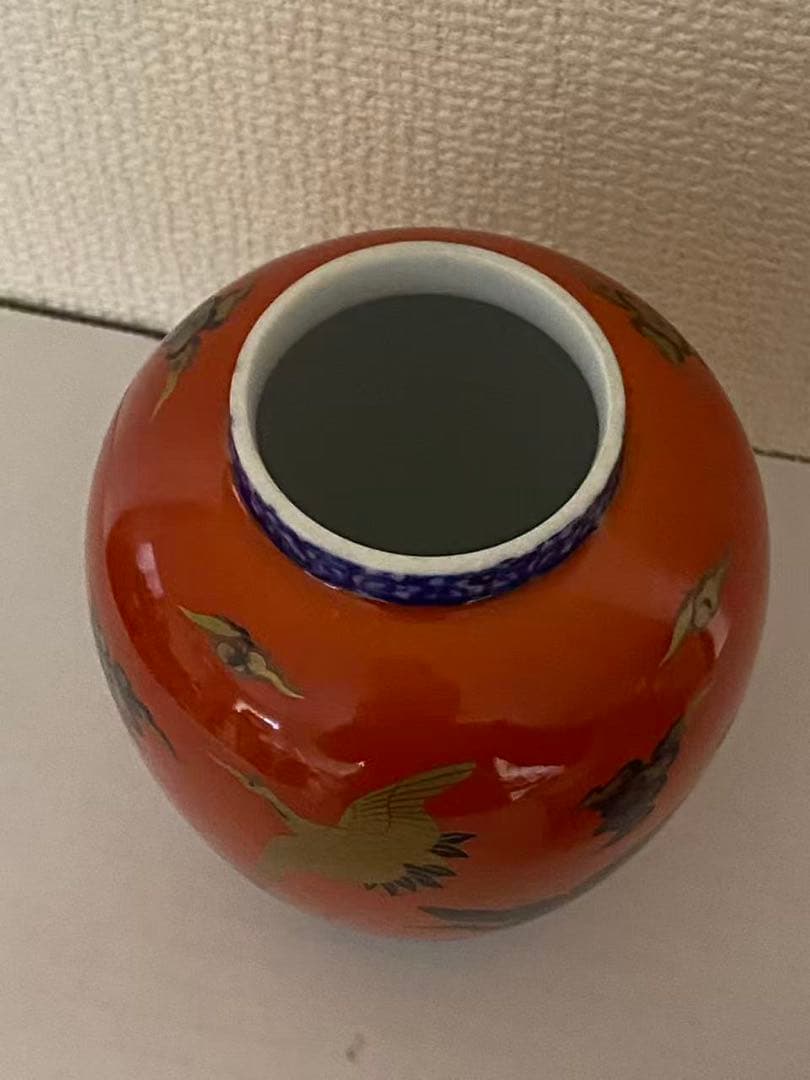 深川製磁 飾壺染錦手波鶴紋 陶器 年代物