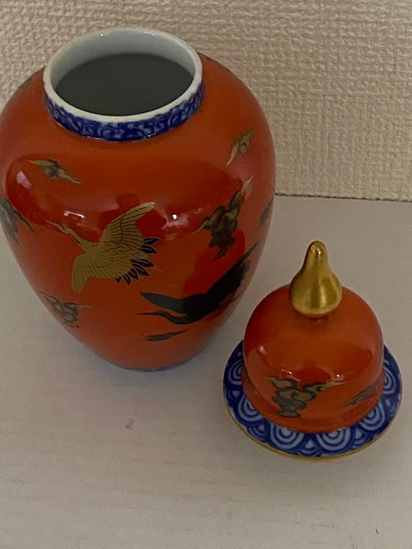 深川製磁 飾壺染錦手波鶴紋 陶器 年代物