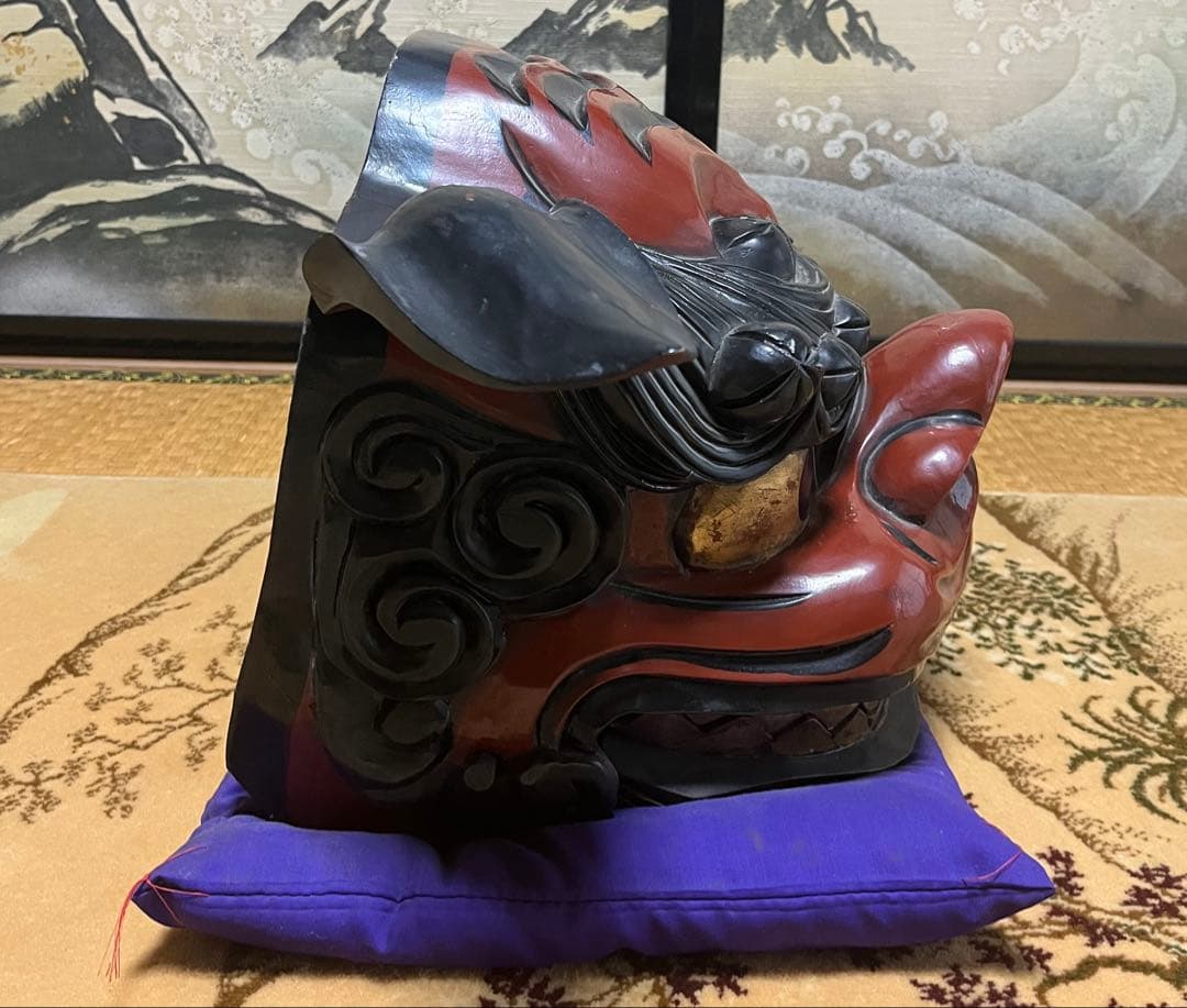 【木彫りの獅子頭】獅子舞　開閉式　縁起物　雌雄片方づつの出品　②