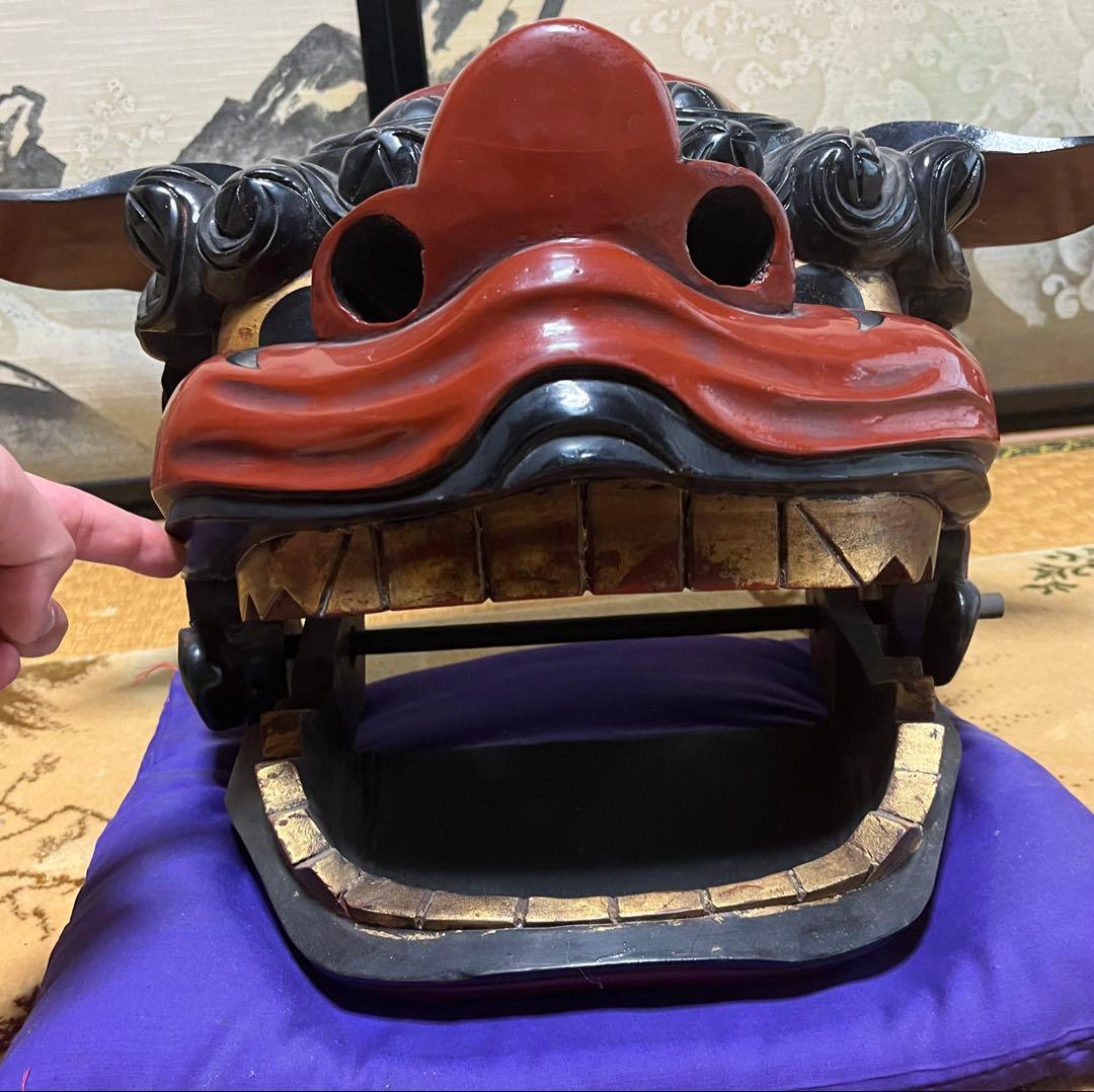 【木彫りの獅子頭】獅子舞　開閉式　縁起物　雌雄片方づつの出品　②